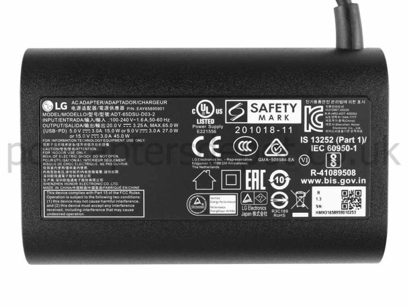 Original 65W USB-C Charger LG ADT-65DSU-D03-2 AC Adapter