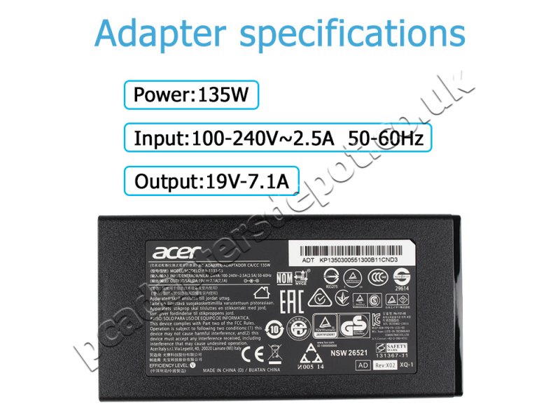 135W AC Adapter Charger Acer Aspire V15 Nitro VN7-592G + Cord