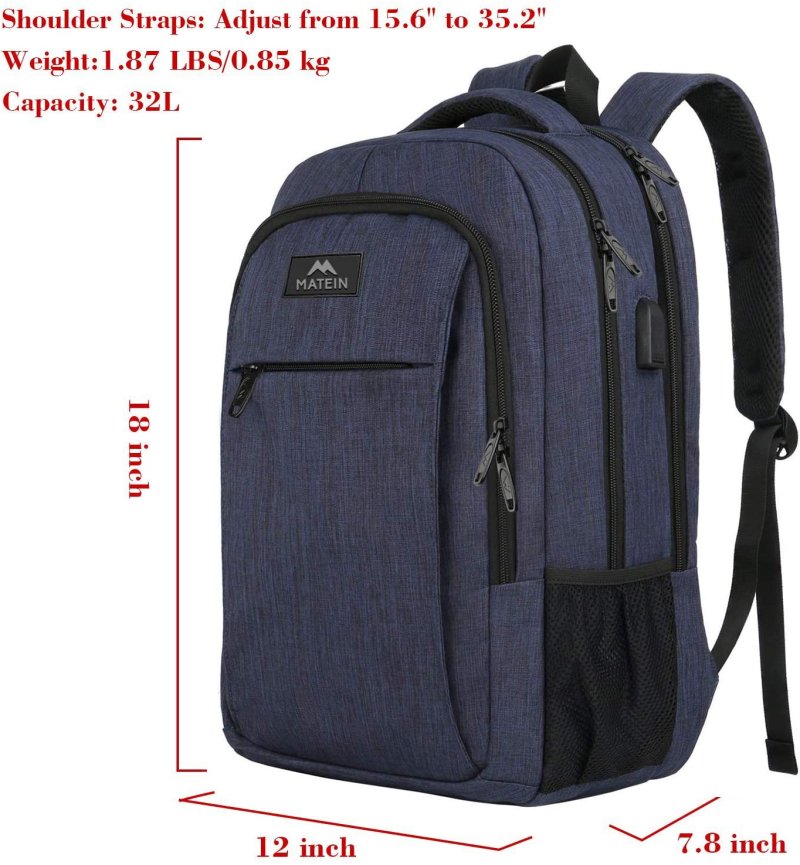 15.6 Inch Laptop Backpack Anti-Theft Business Travel Work Computer Rucksack with USB Charging Port Blue