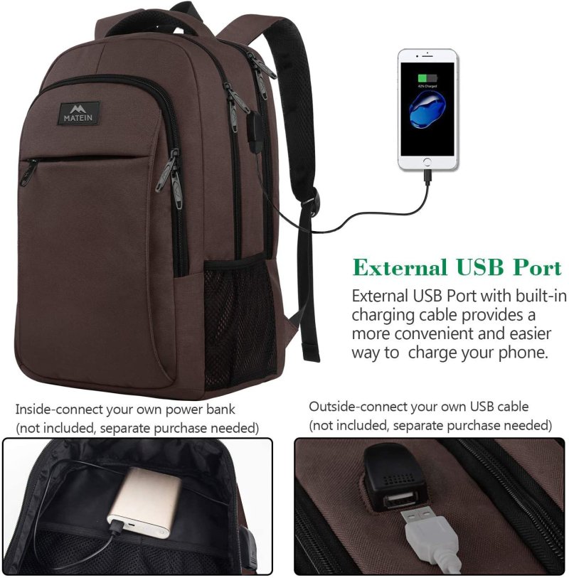 15.6 Inch Laptop Backpack Anti-Theft Business Travel Work Computer Rucksack with USB Charging Port brown