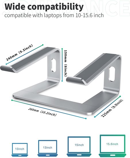 Strong heat dissipation Laptop Stand Aluminum Computer Riser for Apple 10 inch to 15.6 inch Silver - Click Image to Close