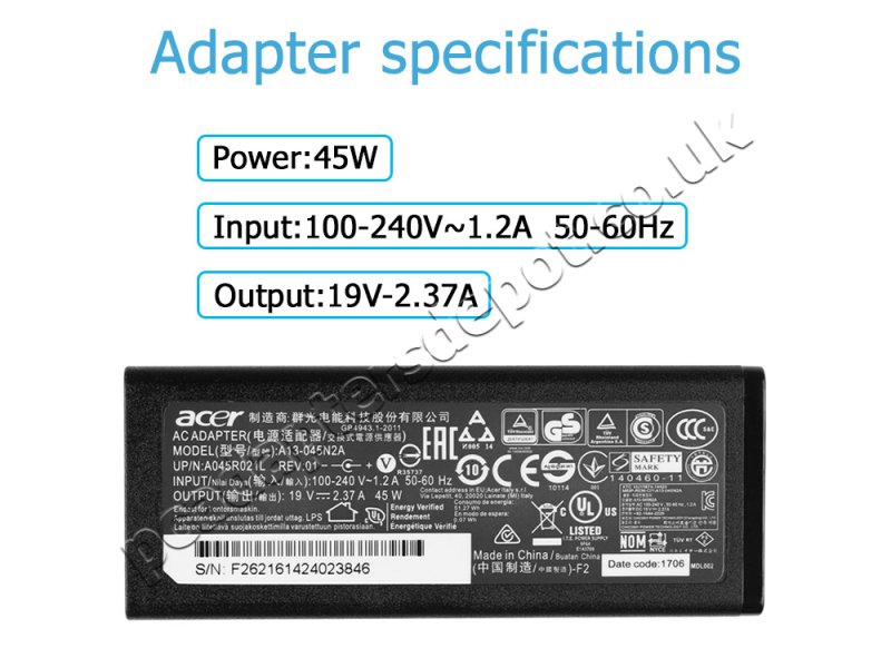 Original 45W Acer A13-045N2A(5.5mm * 1.7mm) AC Adapter Charger