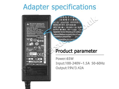 65W Clevo W840SU W549KW W547KW AC Adapter Charger Power Cord